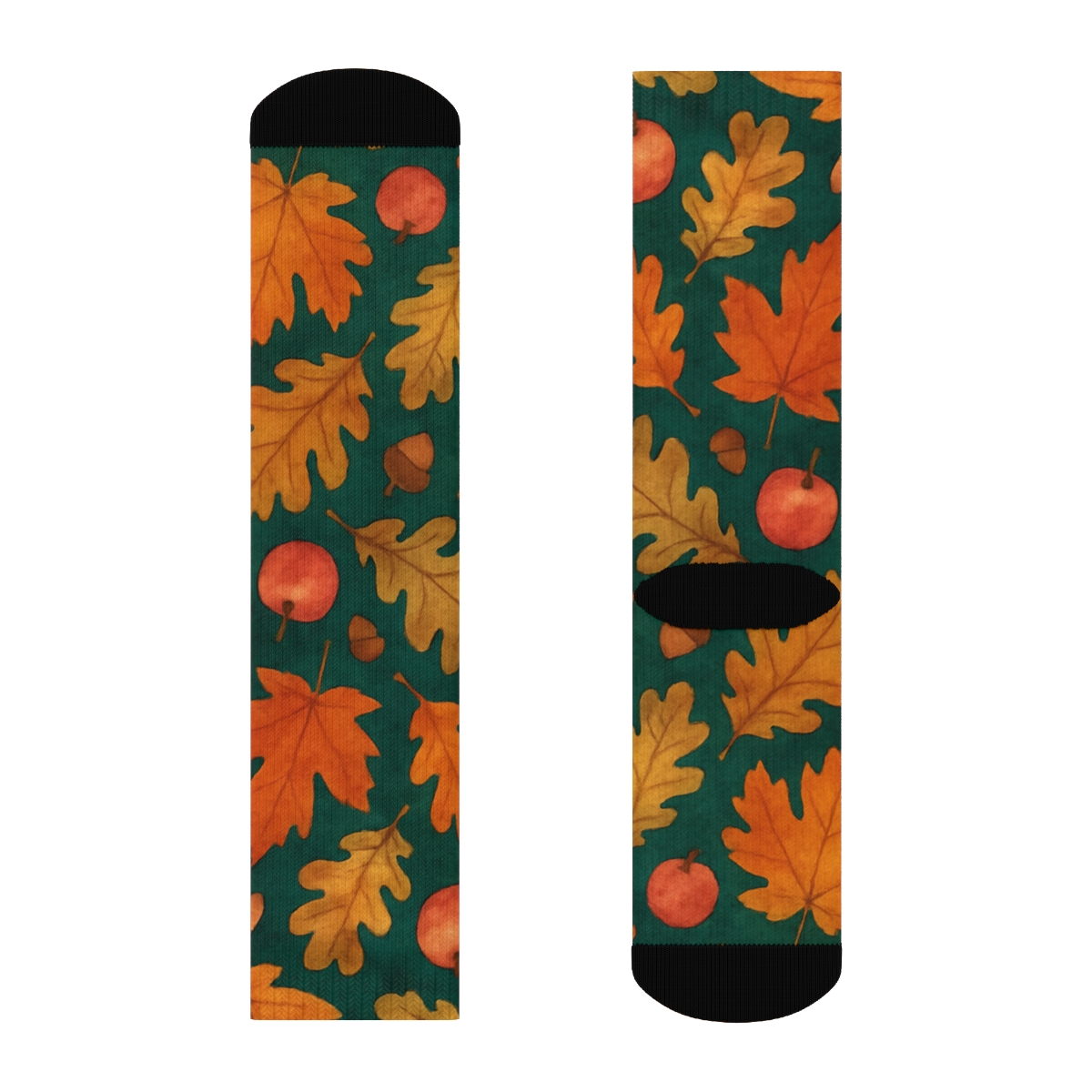 Watercolor Leaf And Apple Diagonal Drift On Deep Teal Background soft everyday crew socks