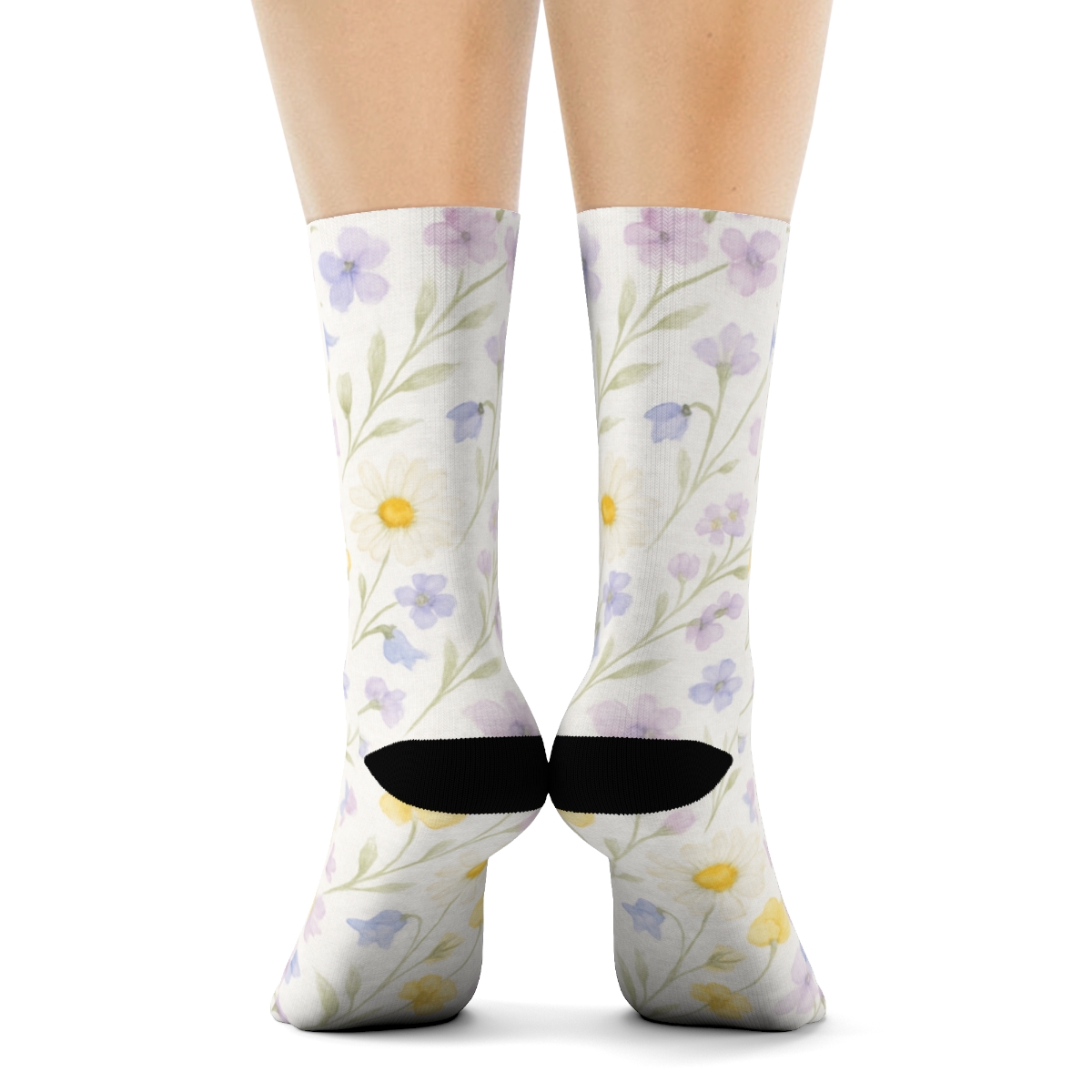 Watercolor Wildflower Drift On Cloud White personalized crew socks