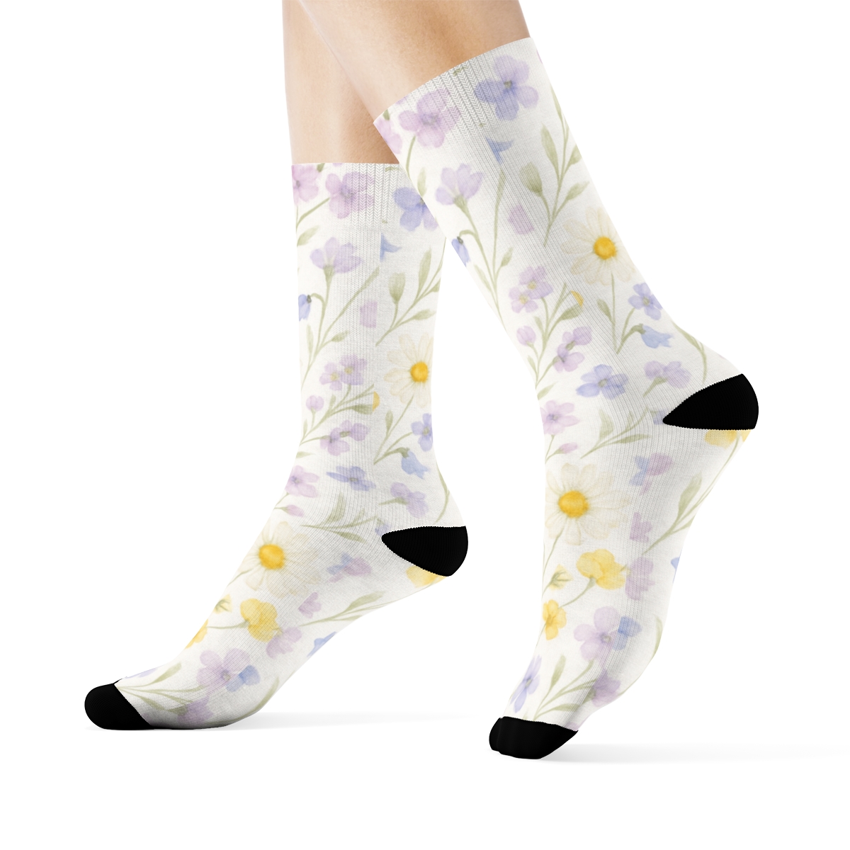 Watercolor Wildflower Drift On Cloud White personalized crew socks