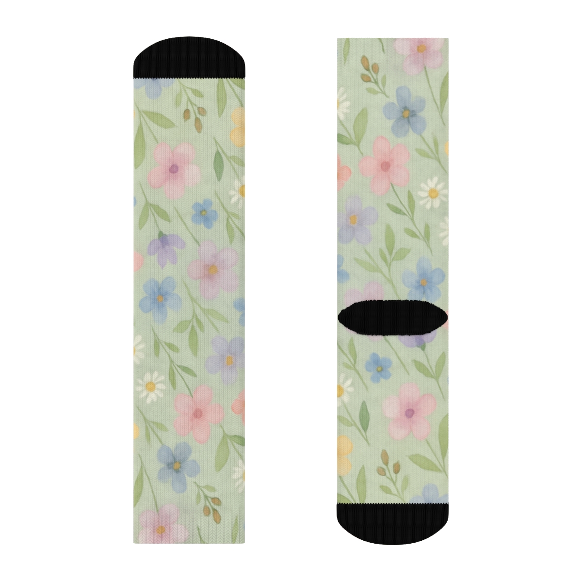 Watercolor Wildflower Drift On Mist Green stylish athletic crew socks