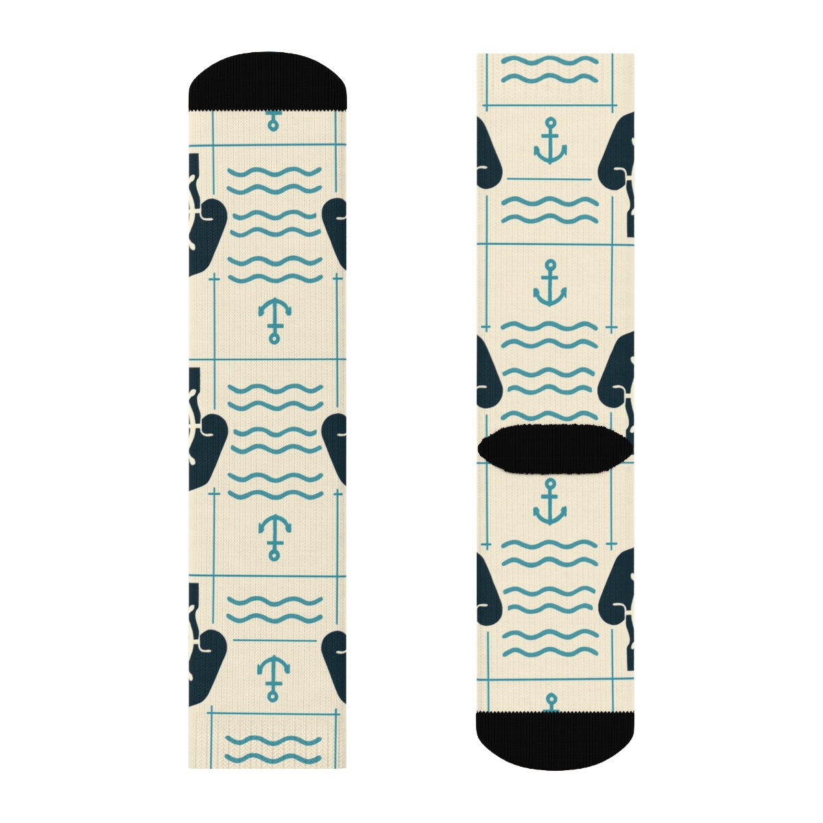 Wave Grid With Ship Captain Silhouettes personalized crew socks