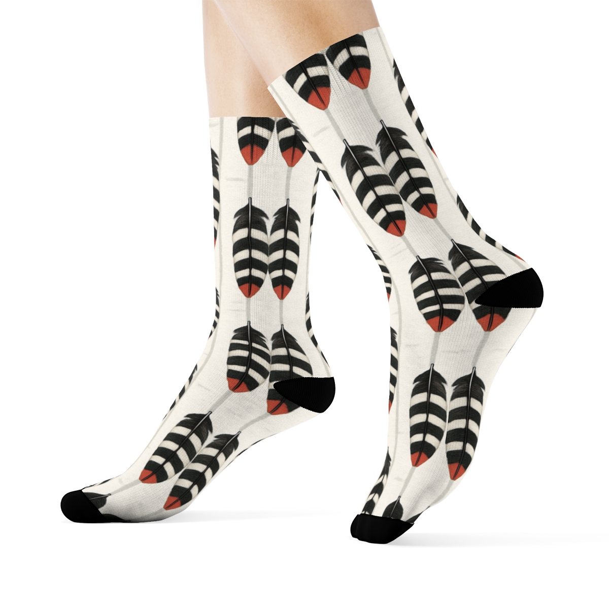 Woodpecker Tail Feather Ladder On Birch White designer printed crew socks