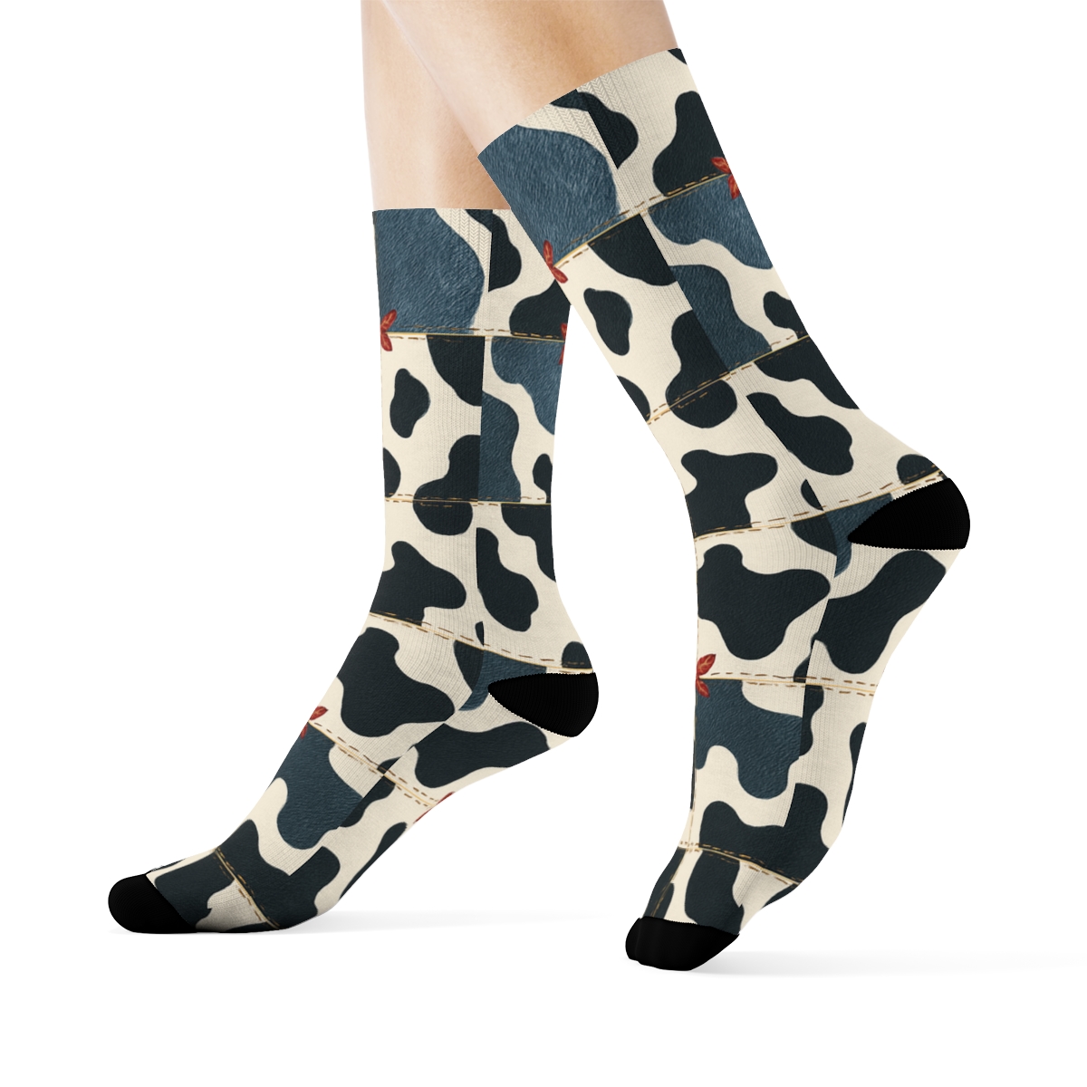 Woven Denim Patchwork With Bandana Accent Spots comfortable cotton crew socks