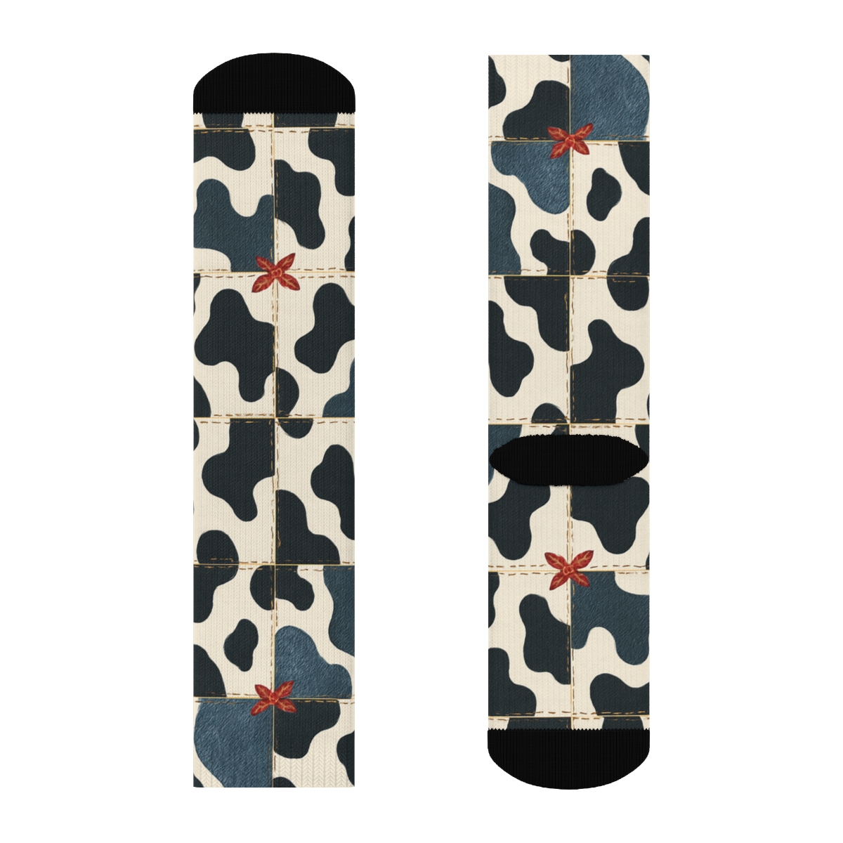 Woven Denim Patchwork With Bandana Accent Spots comfortable cotton crew socks