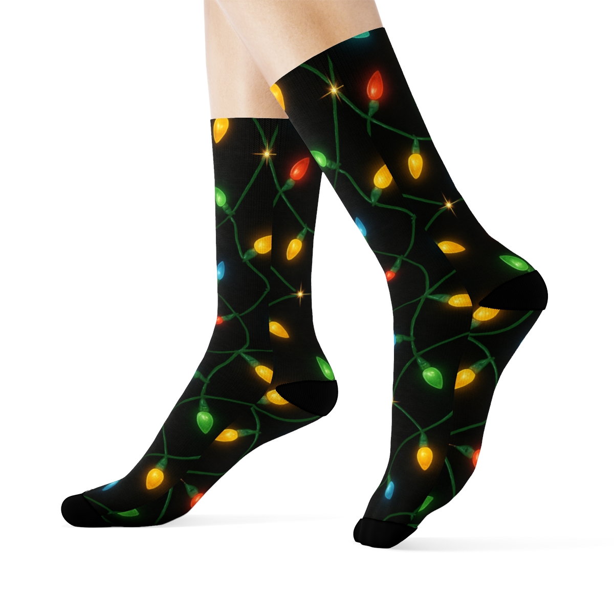 Xmas Light Tangle Glow On Black comfortable cotton crew socks
