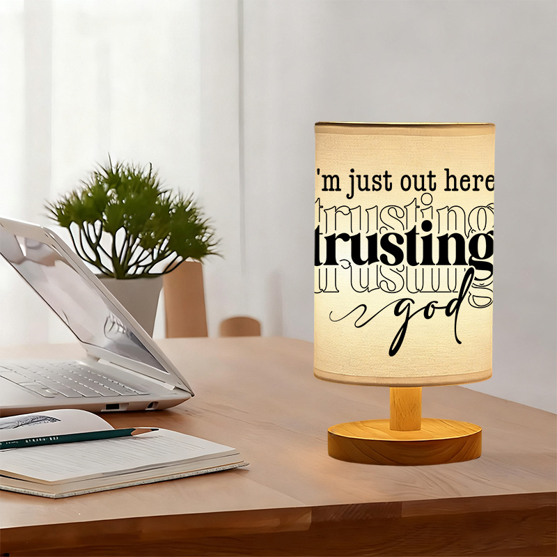 Modern USB-Powered Linen Table Lamp with Inspirational "I'm Out Here Trying to Be God" Quote