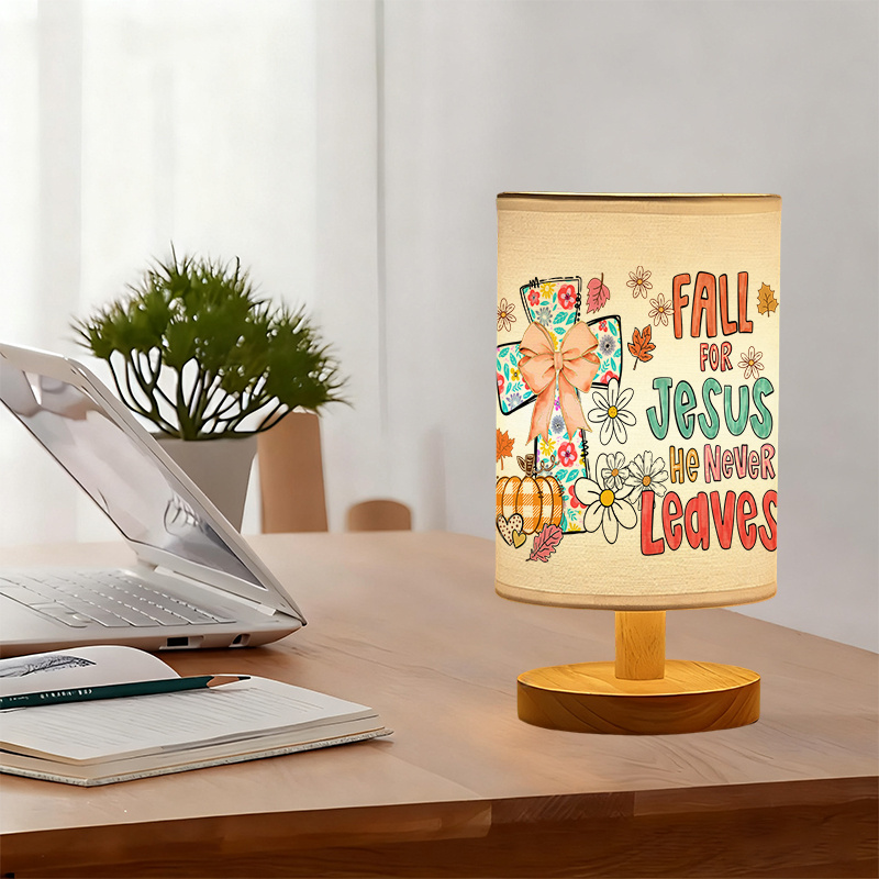 Modern USB-Powered Linen Table Lamp with Autumn Leaf