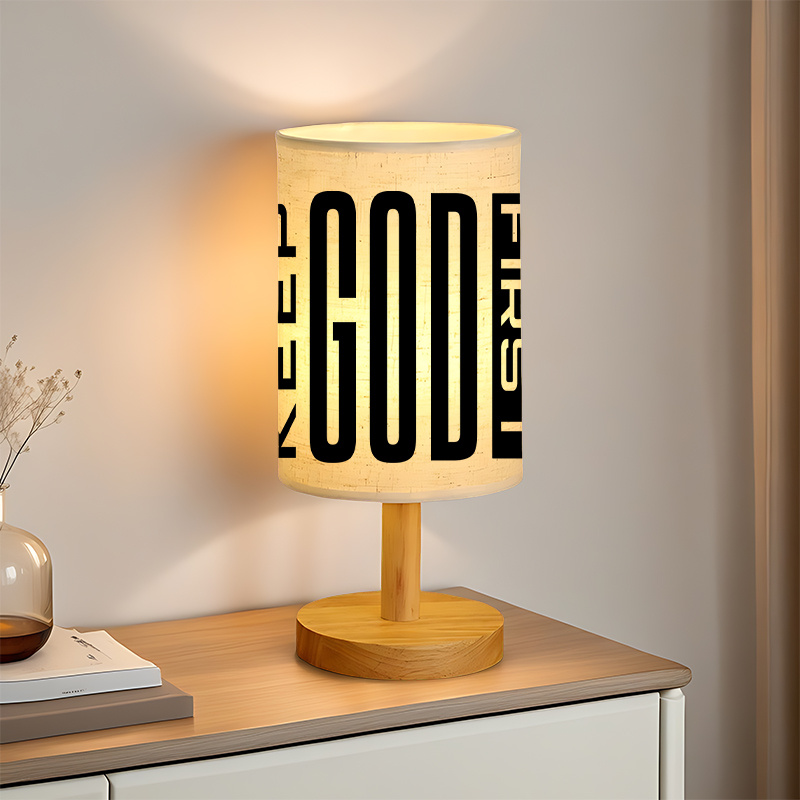 Modern USB-Powered Linen Table Lamp with "Keep God First" Inspirational Message