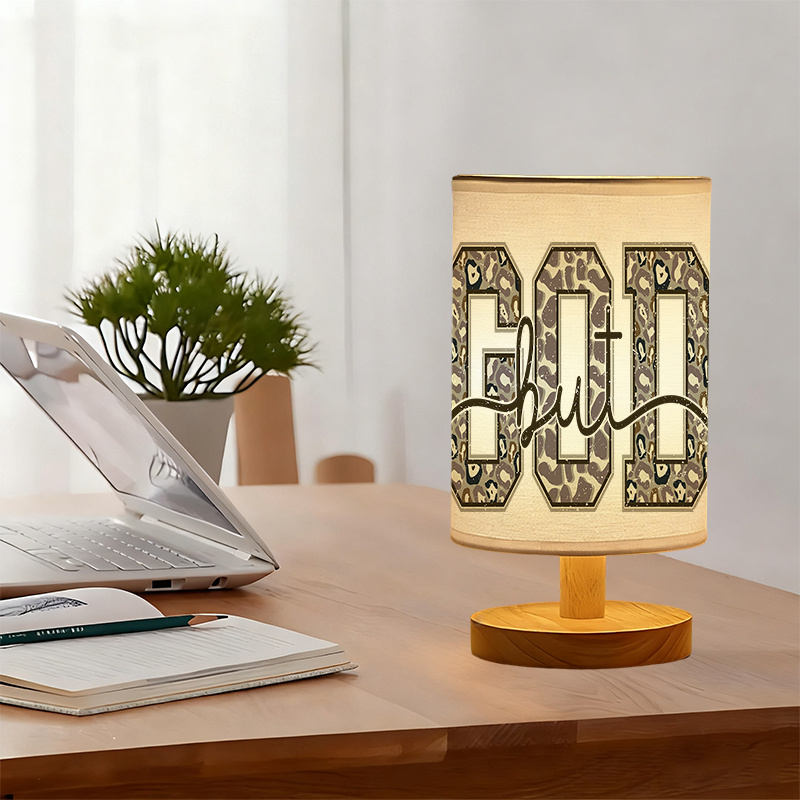 USB Powered Linen Table Lamp With Leopard Print And Cursive Lettering Design
