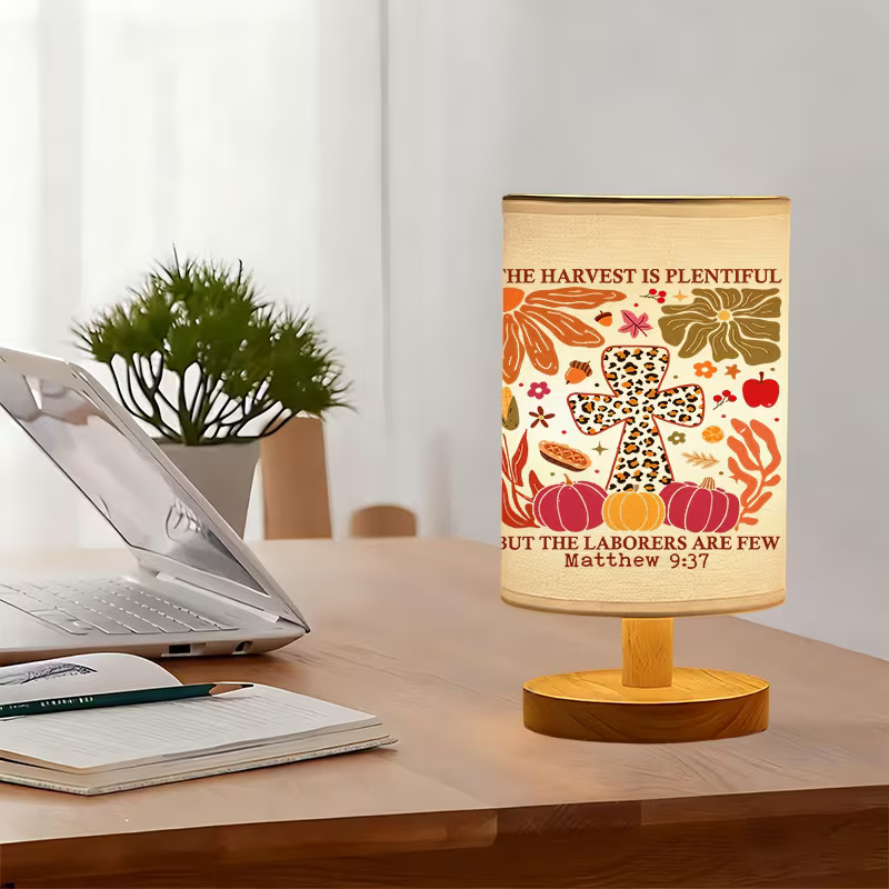 Modern USB-Powered Linen Table Lamp with Floral & Fruit Patterns (Peaches, Apples, Pears)