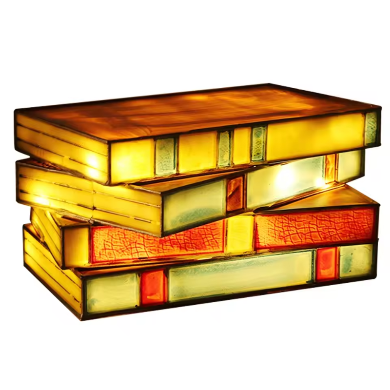 Vintage Stacked Books Lamp Decorative Handicraft Stacked Books Light Stained Glass Table Reading Light Nightstand Desk Lamps