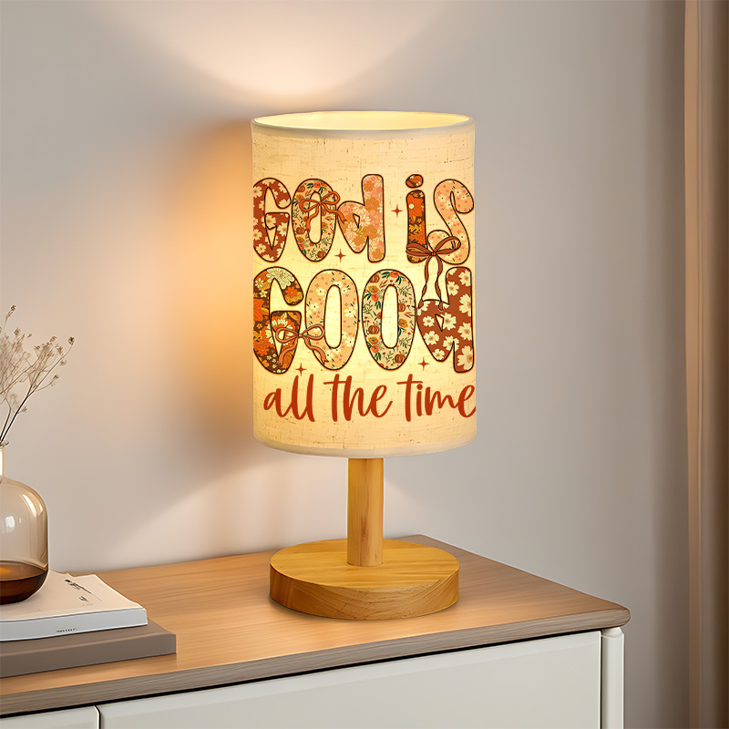 Modern USB-Powered Linen Table Lamp with Inspirational "God is Good All The Time" Design