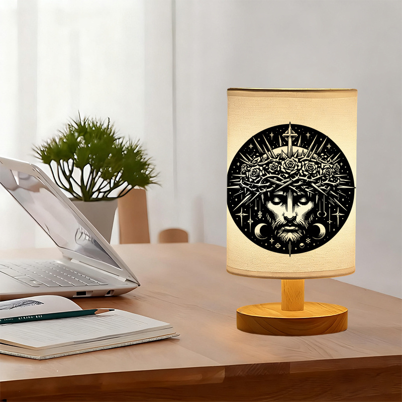 Modern USB-Powered Linen Table Lamp with Crown and Face Design
