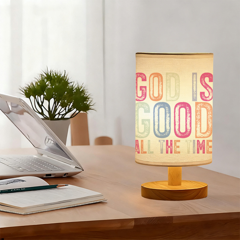 Modern USB-Powered Linen Table Lamp with Inspirational God is Good All The Time