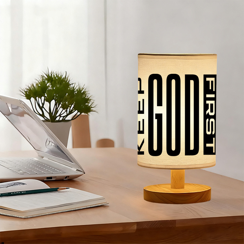 Modern USB-Powered Linen Table Lamp with "Keep God First" Inspirational Message