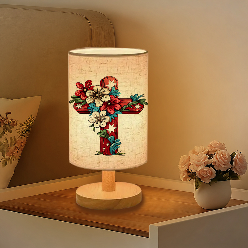 Modern USB-Powered Linen Table Lamp with Floral Cross Design & Warm Glow Lighting
