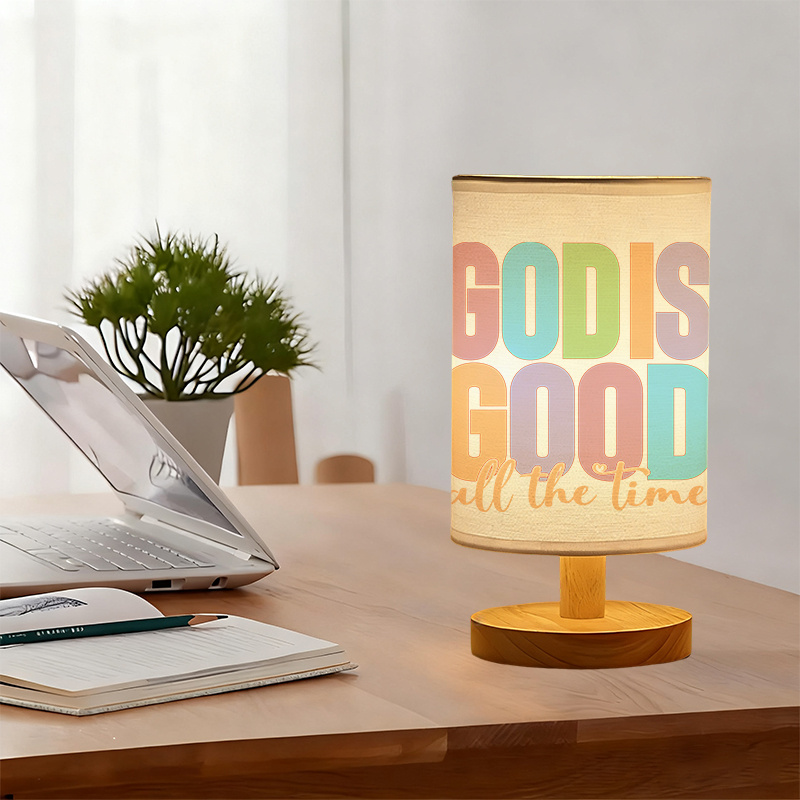 Modern USB-Powered Linen Table Lamp with Inspirational "GOD IS GOOD ALL THE TIME" Design