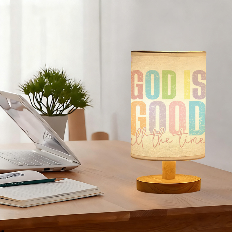 Modern USB-Powered Linen Table Lamp with Inspirational "God is Good All The Time" Design