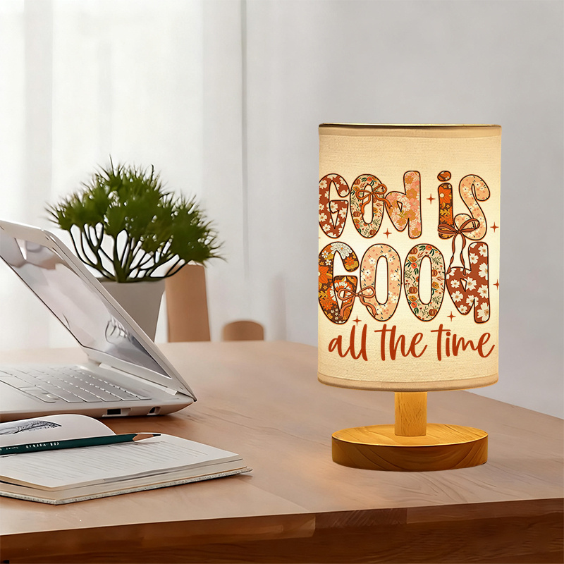 Modern USB-Powered Linen Table Lamp with Inspirational "God is Good All The Time" Design