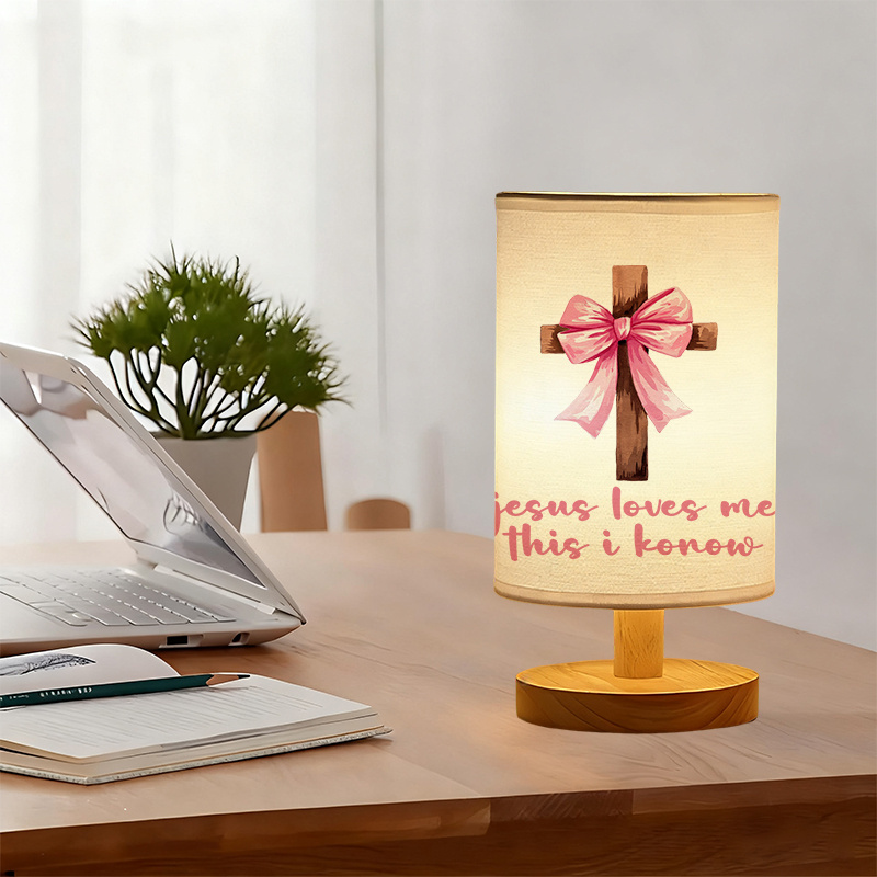 USB-Powered Linen Table Lamp Elegant Bow & Cross Design