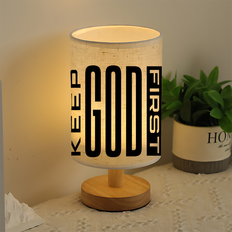 Modern USB-Powered Linen Table Lamp with "Keep God First" Inspirational Message