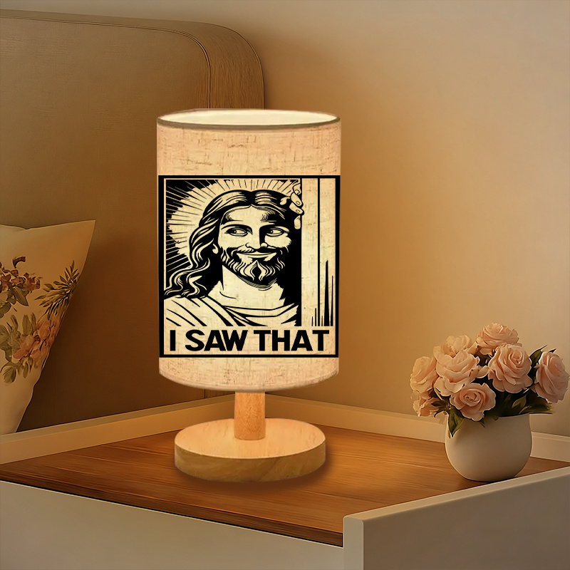 Modern USB-Powered Linen Table Lamp Christ "I Saw That" Design