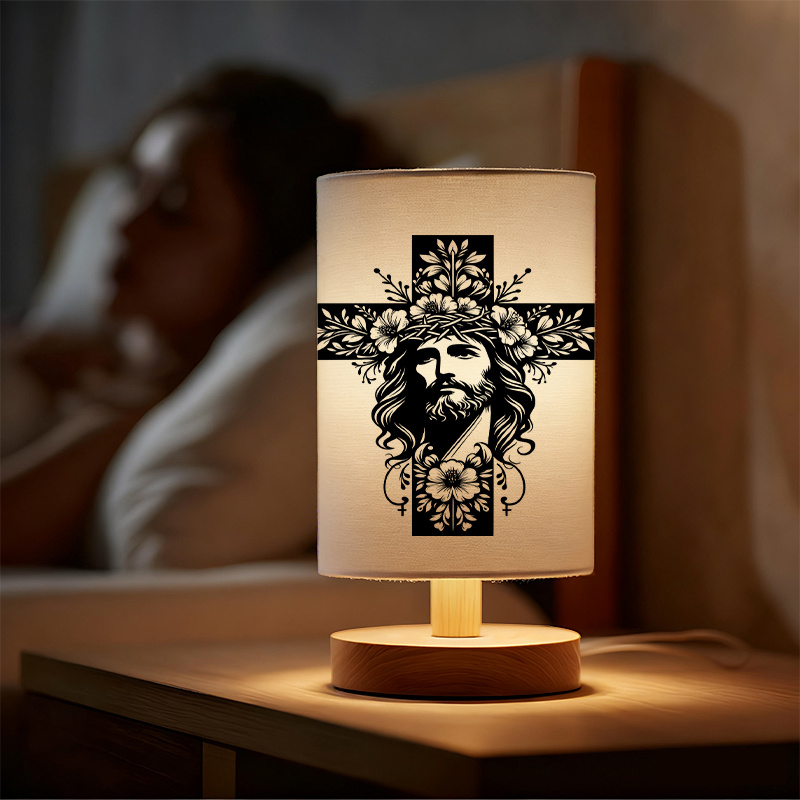 USB Powered Linen Table Lamp With Christ Cross Design