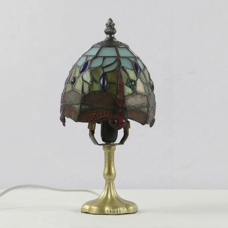 LongHuiJing Mini Dragonfly Stained Glass Lampshade Desk Light Handcrafted Tiffany Art Table Lamps