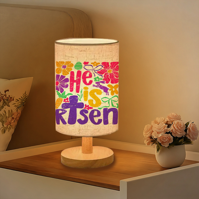 Modern USB-Powered Linen Table Lamp with Floral & "He is Risen" Christian Design