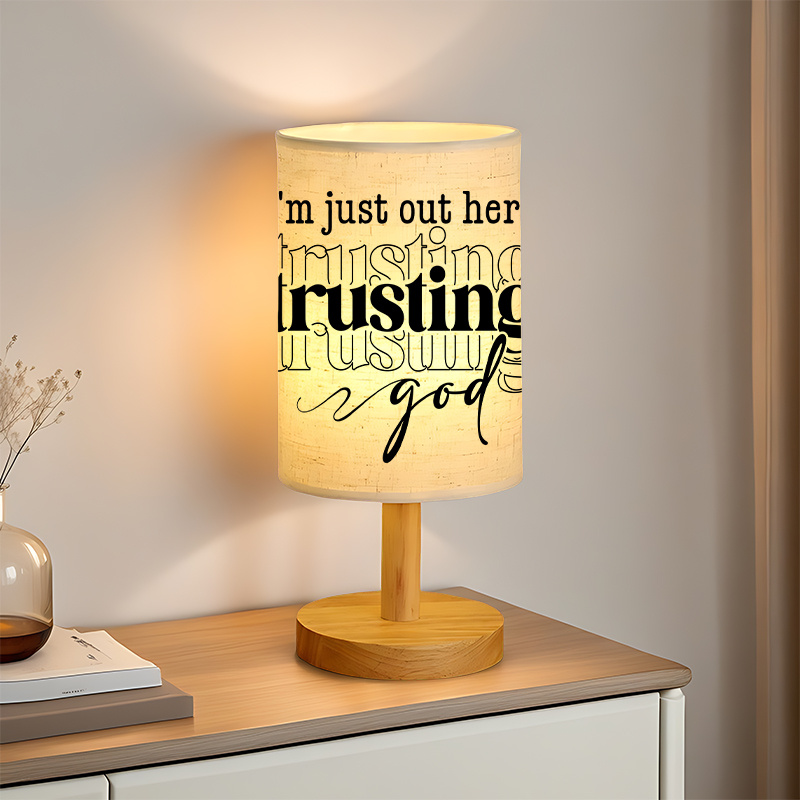 Modern USB-Powered Linen Table Lamp with Inspirational "I'm Out Here Trying to Be God" Quote
