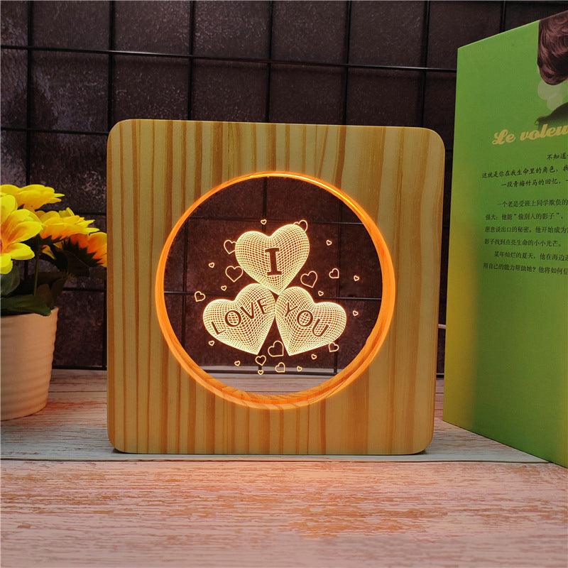 I Love You Hearts Wood Frame 3D Optical Illusion Lamp - 3D Optical Lamp