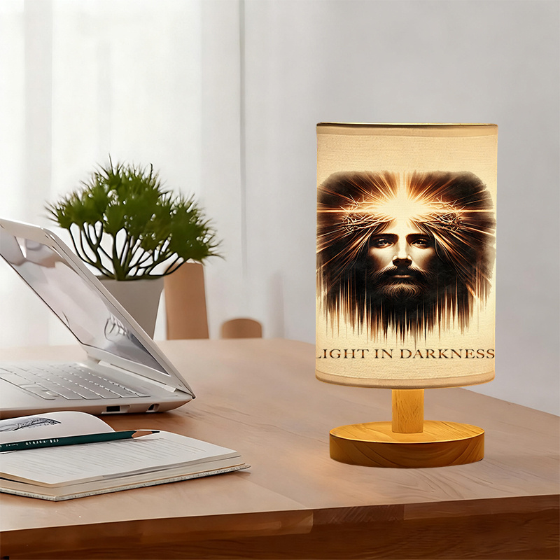 Modern USB-Powered Linen Table Lamp Christ Face Design & "Light in Darkness" Inscription