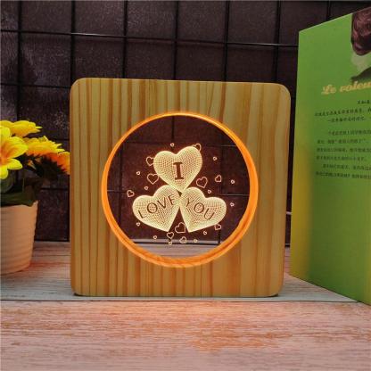 I Love You Hearts Wood Frame 3D Optical Illusion Lamp - 3D Optical Lamp