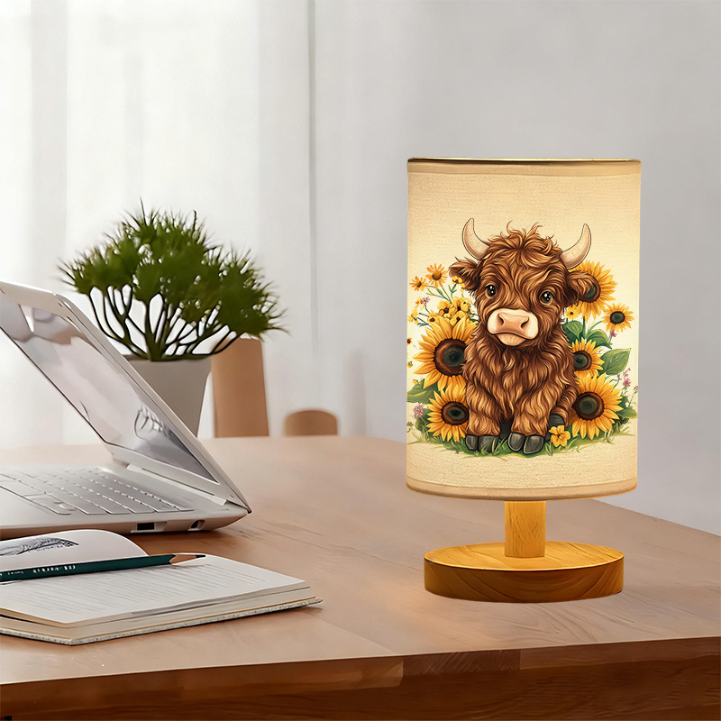 Modern USB Powered Linen Table Lamp with Highland Cow and Sunflowers Design