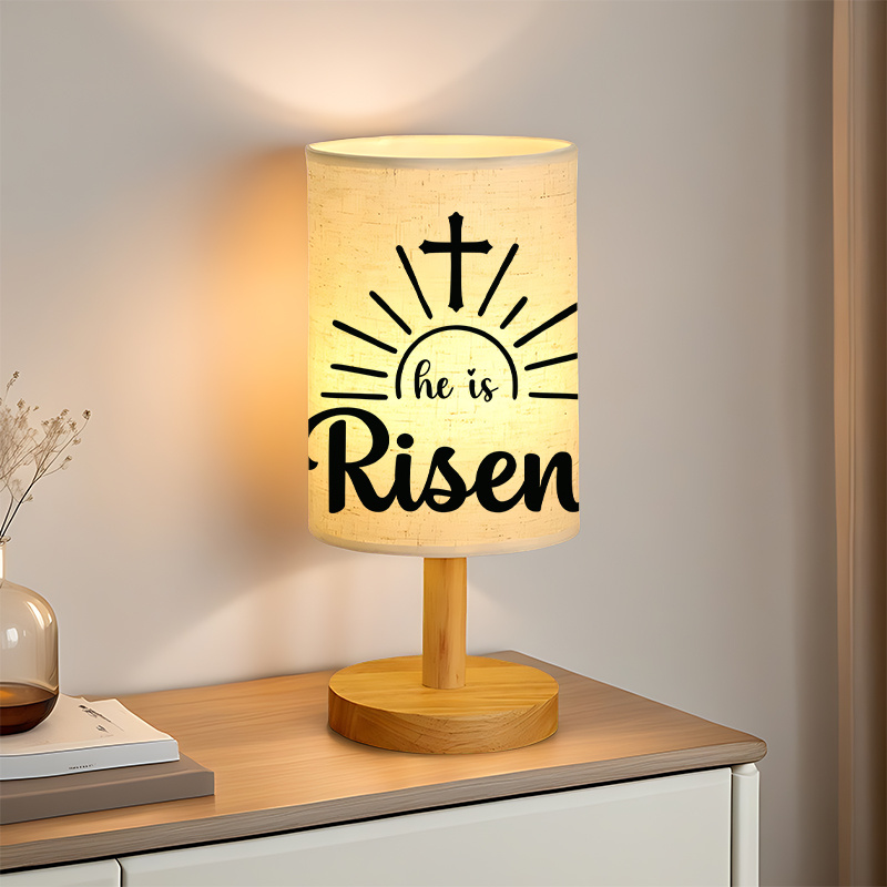 Modern USB-Powered Linen Table Lamp with Christian Cross & "He is Risen" Design