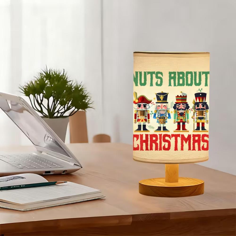 Nuts About Christmas Print Table Lamp With Nutcracker Design And Wooden Base