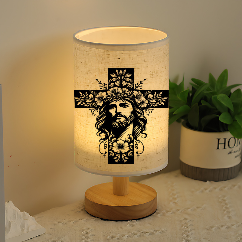 USB Powered Linen Table Lamp With Christ Cross Design