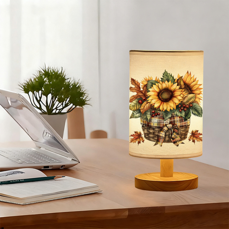 USB-Powered Linen Table Lamp with Sunflower & Rustic Farmhouse Design