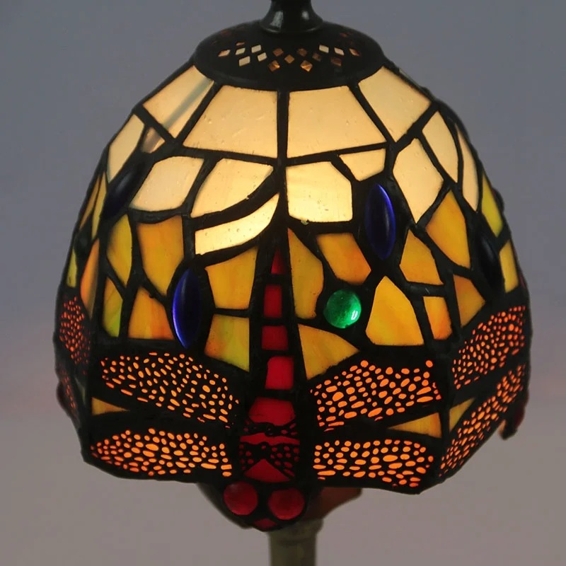 LongHuiJing Mini Dragonfly Stained Glass Lampshade Desk Light Handcrafted Tiffany Art Table Lamps