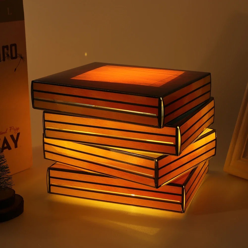 Vintage Stacked Books Lamp Decorative Handicraft Stacked Books Light Stained Glass Table Reading Light Nightstand Desk Lamps