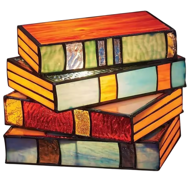 Vintage Stacked Books Lamp Decorative Handicraft Stacked Books Light Stained Glass Table Reading Light Nightstand Desk Lamps