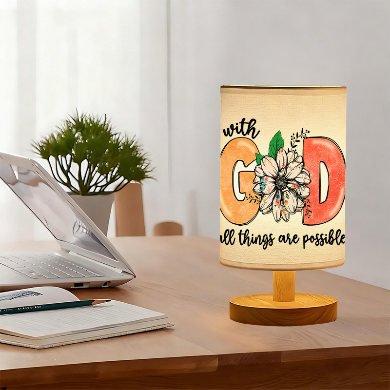 Modern USB-Powered Linen Lamp with Floral & "All Things Are Possible" Design