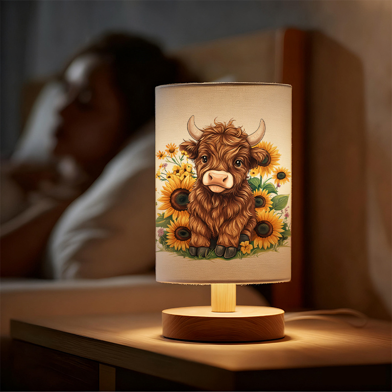 Modern USB Powered Linen Table Lamp with Highland Cow and Sunflowers Design
