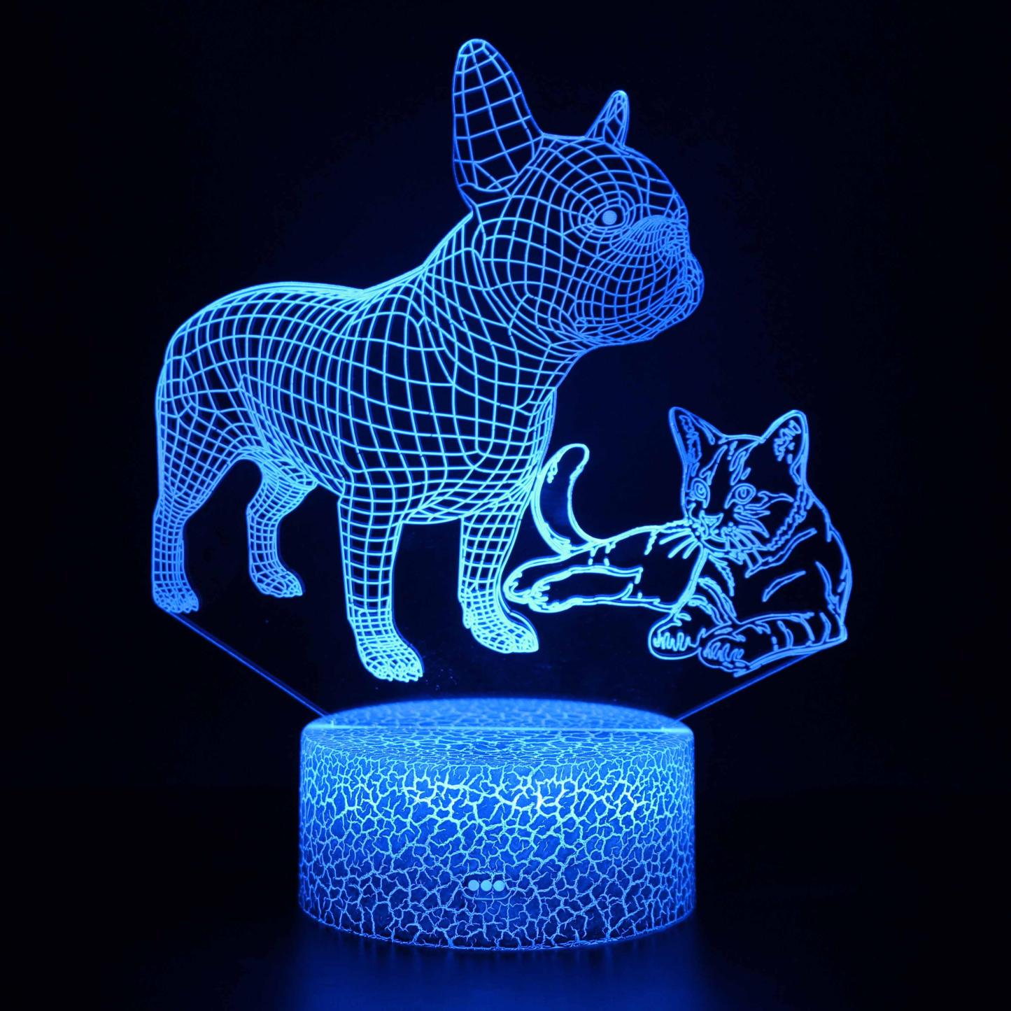 French Bulldog & Cat 3D Optical Illusion Lamp - 3D Optical Lamp