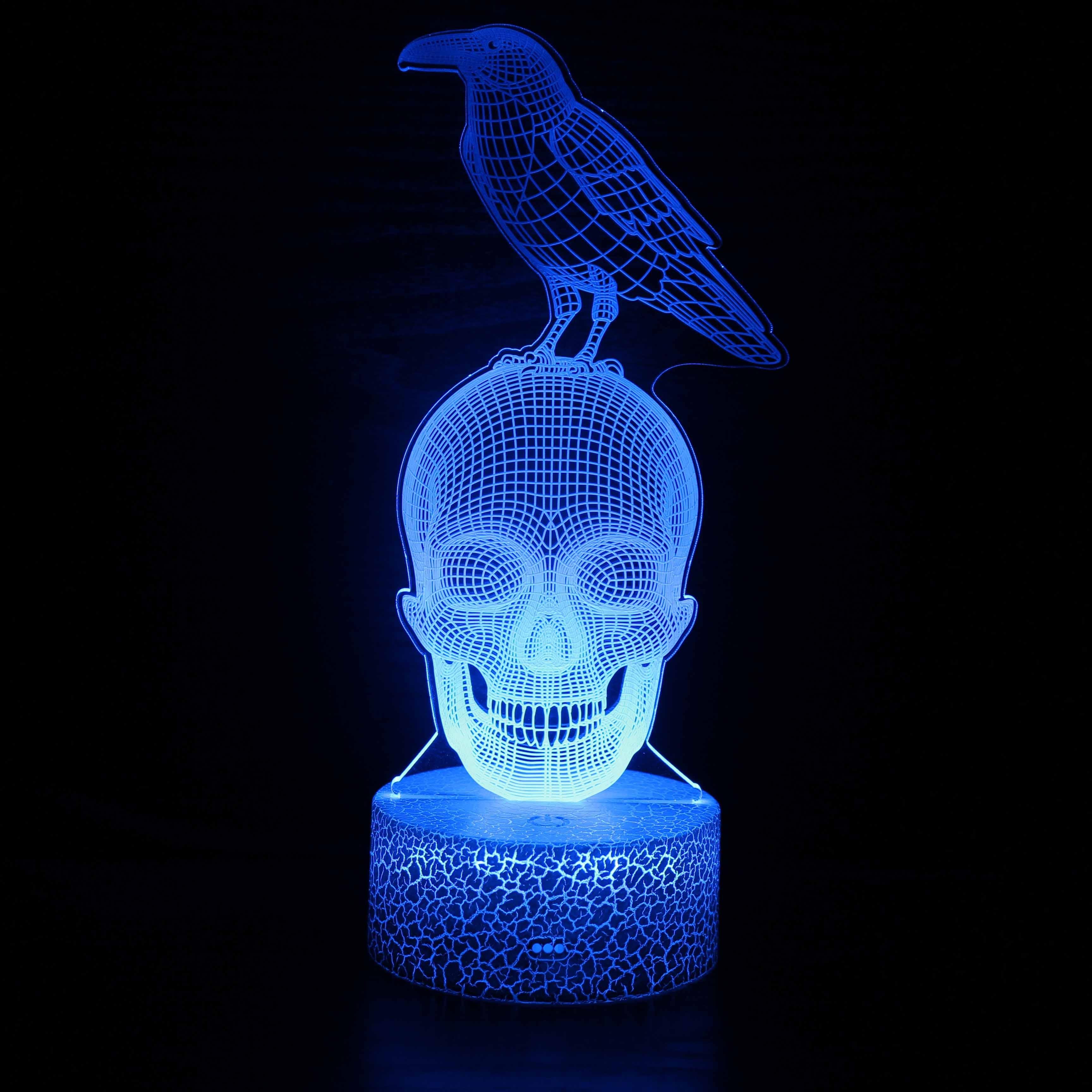Halloween Bird On Skull 3D Optical Illusion Lamp - 3D Optical Lamp