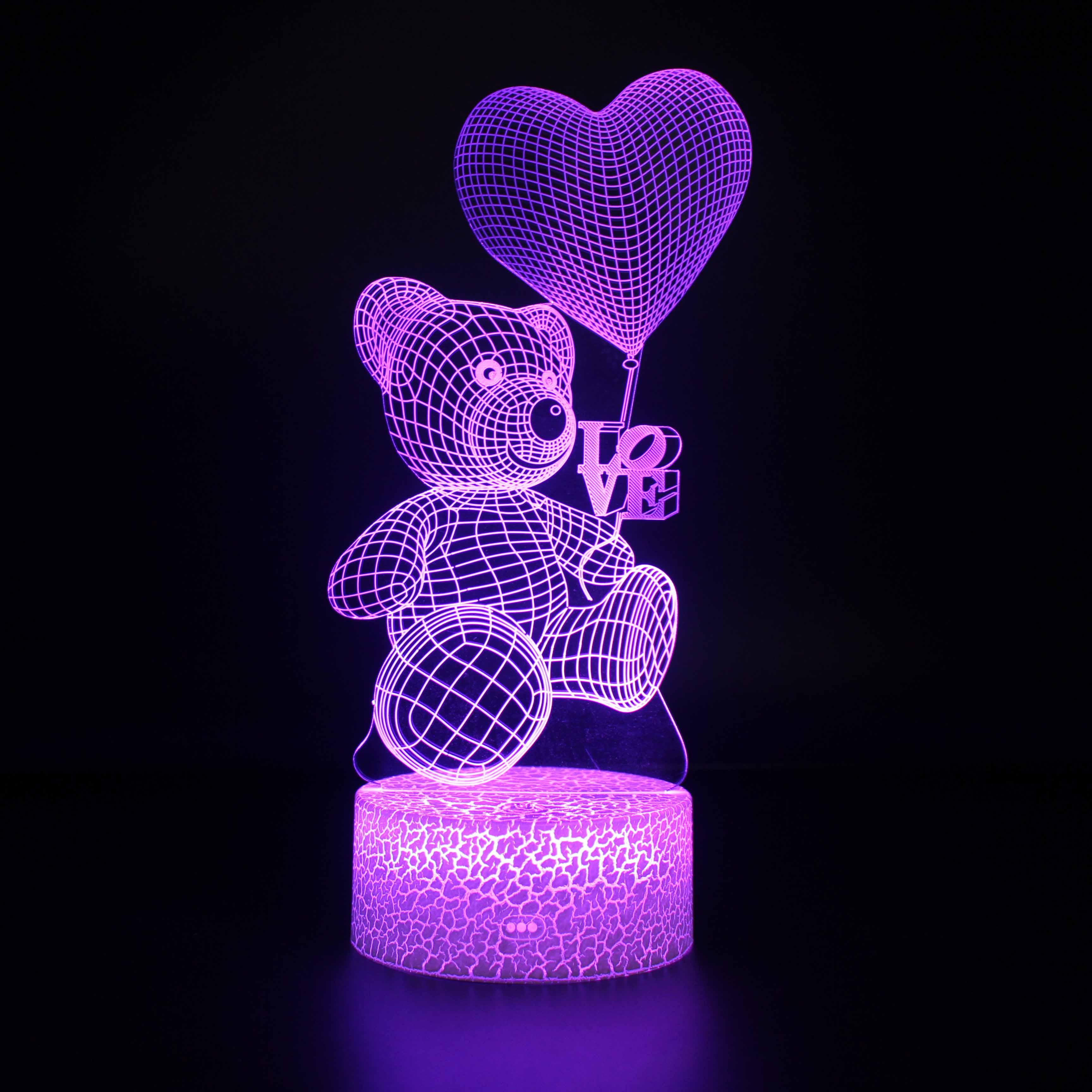 Teddy Bear Love Heart Balloon 3D Optical Illusion Lamp - 3D Optical Lamp