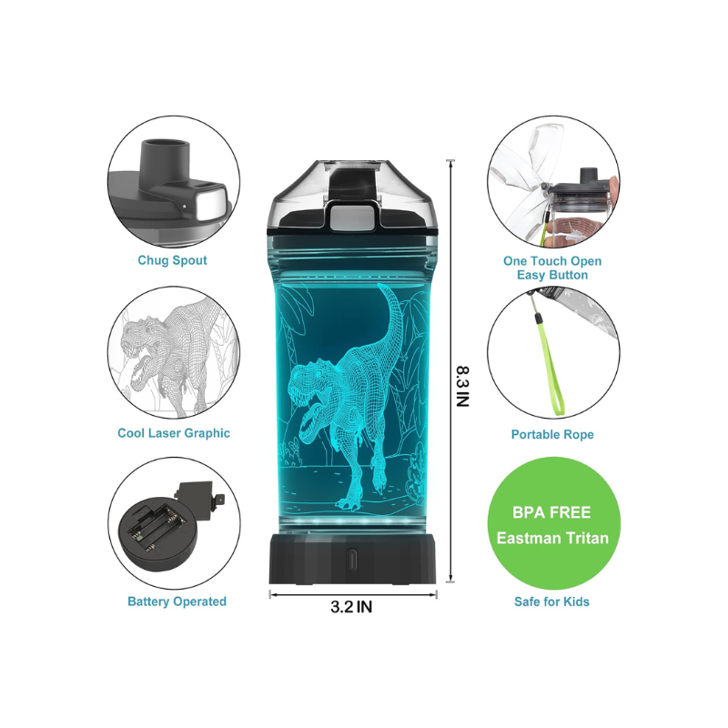 3D Glowing Dinosaur LED Water Bottle – Fun Stylish Hydration-3D Optical Lamp