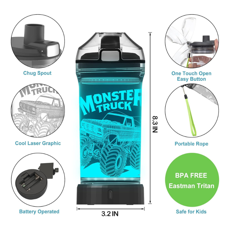 3D Glowing Monster Truck Design Adventure LED Water Bottle-3D Optical Lamp