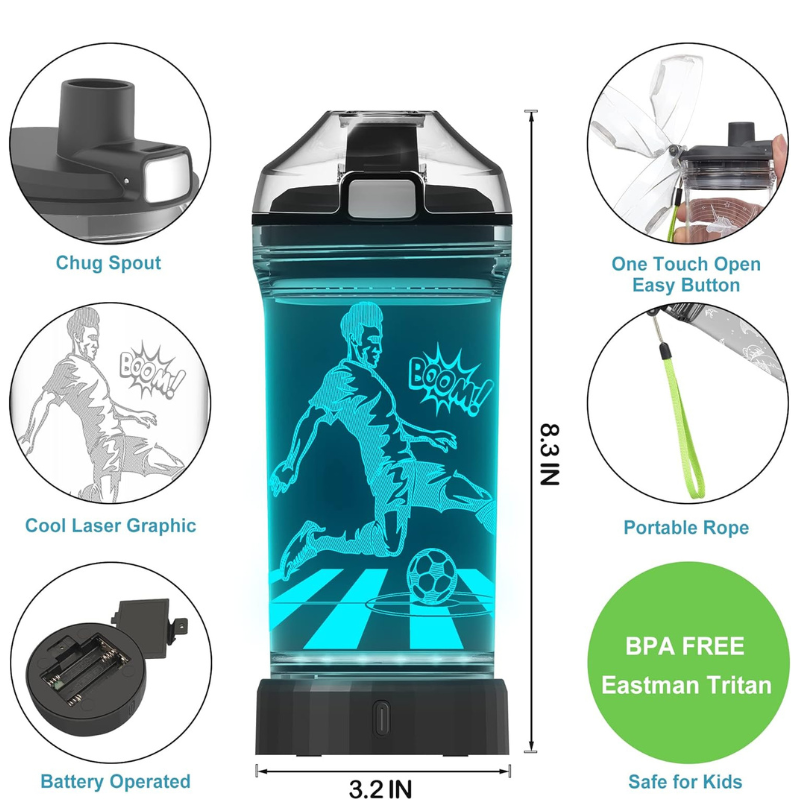 3D Glowing Soccer LED Water Bottle – Rechargeable Leak-Proof-3D Optical Lamp
