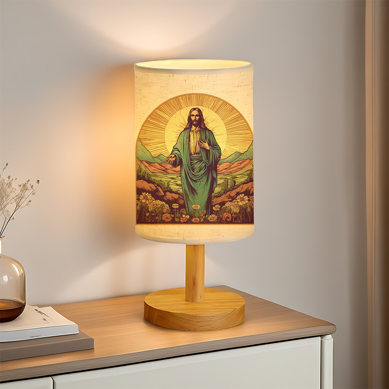 Modern USB-Powered Linen Table Lamp Christ Religious Design 